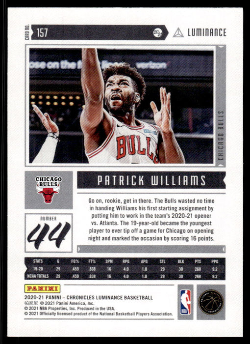 Patrick Williams 2020 Panini Chronicles Basketball Luminance Back of Card