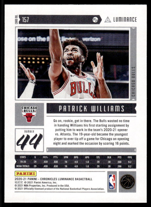 Patrick Williams 2020 Panini Chronicles Basketball Luminance Back of Card