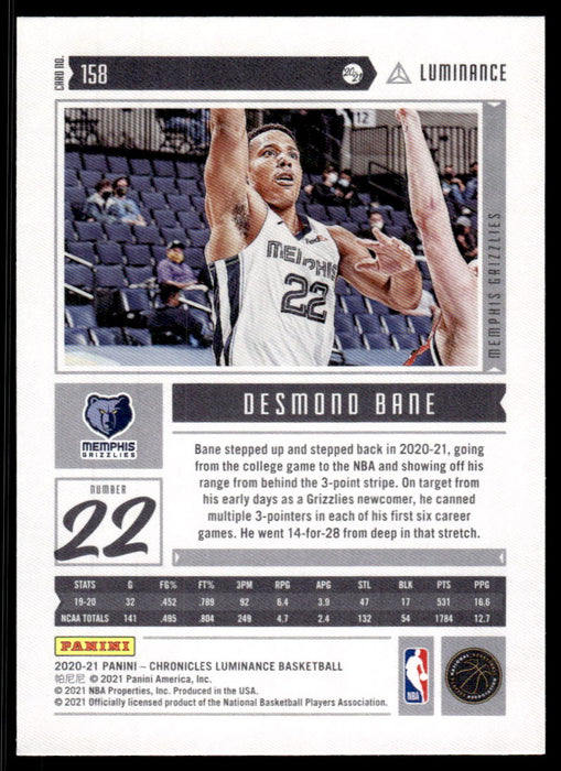 Desmond Bane 2020 Panini Chronicles Basketball Luminance Back of Card