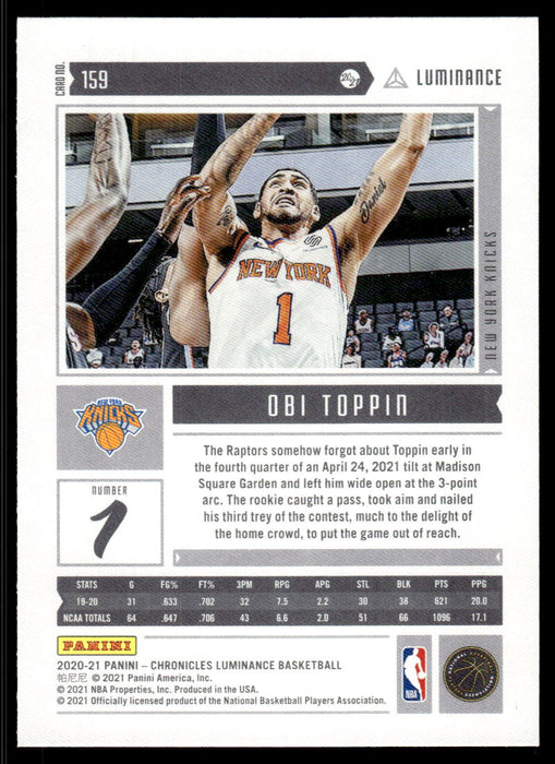 Obi Toppin 2020 Panini Chronicles Basketball Luminance Back of Card