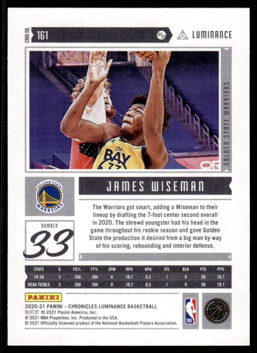 James Wiseman 2020 Panini Chronicles Basketball Luminance Back of Card