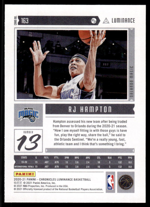 RJ Hampton 2020 Panini Chronicles Basketball Luminance Back of Card