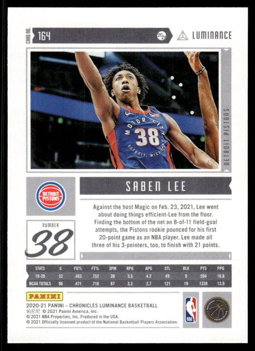 Saben Lee 2020 Panini Chronicles Basketball Luminance Back of Card