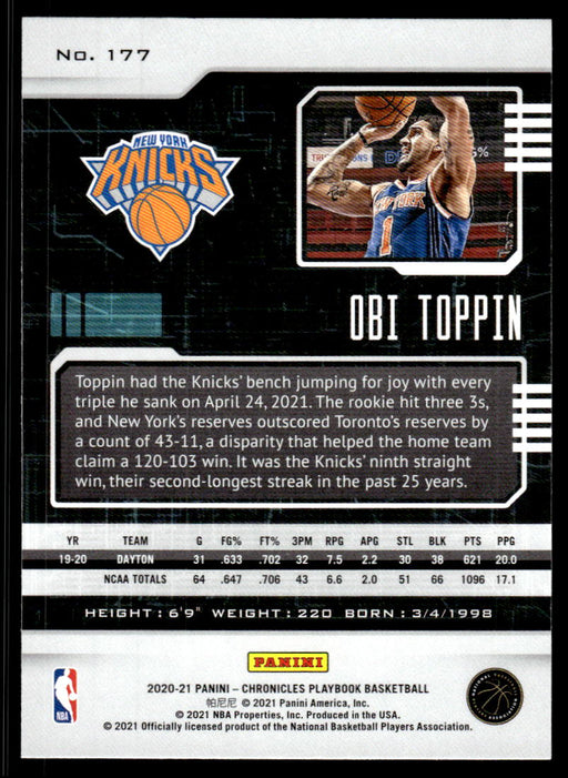 Obi Toppin 2020 Panini Chronicles Basketball Playbook Back of Card