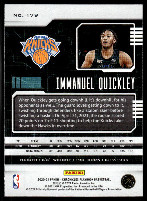 Immanuel Quickley 2020 Panini Chronicles Basketball Playbook Back of Card