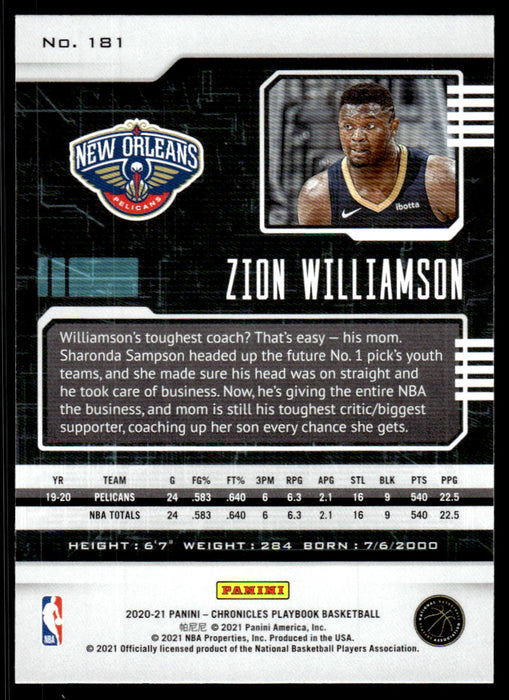 Zion Williamson 2020 Panini Chronicles Basketball Playbook Back of Card