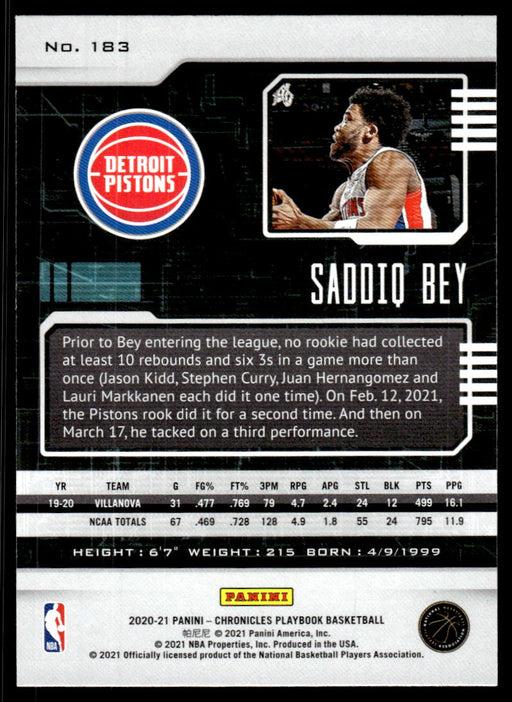 Saddiq Bey 2020 Panini Chronicles Basketball Playbook Back of Card