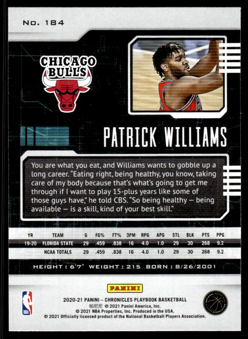 Patrick Williams 2020 Panini Chronicles Basketball Playbook Back of Card