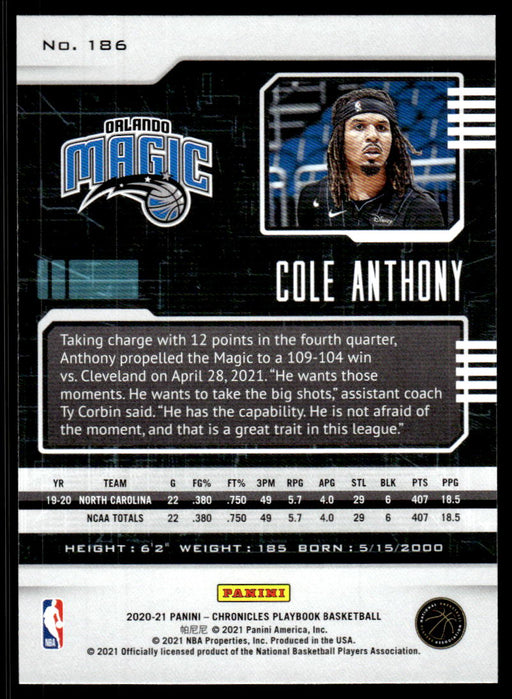 Cole Anthony 2020 Panini Chronicles Basketball Playbook Back of Card