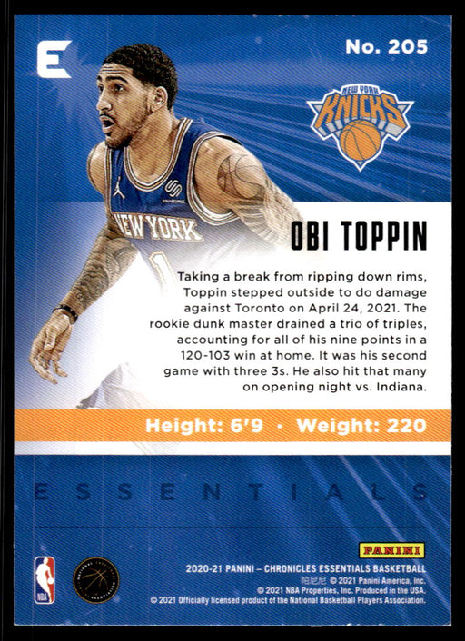 Obi Toppin 2020 Panini Chronicles Basketball Essentials Back of Card