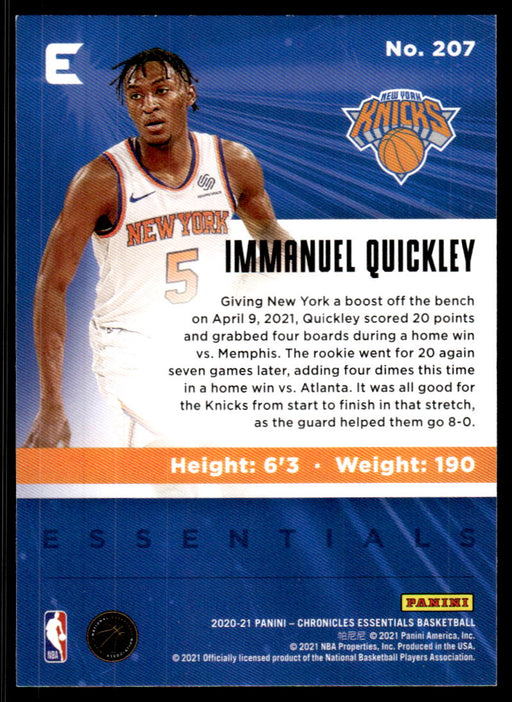 Immanuel Quickley 2020 Panini Chronicles Basketball Essentials Back of Card