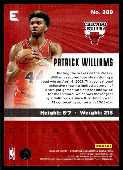 Patrick Williams 2020 Panini Chronicles Basketball Essentials Back of Card