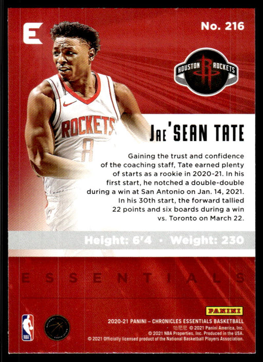 Jae'Sean Tate 2020 Panini Chronicles Basketball Essentials Back of Card