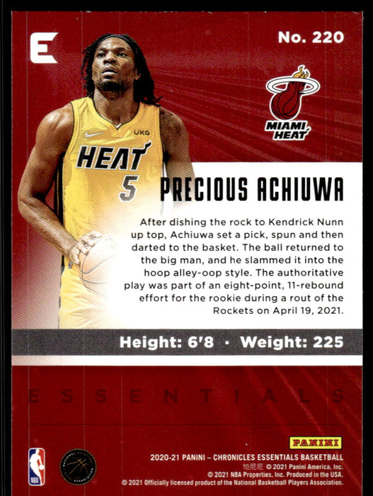 Precious Achiuwa 2020 Panini Chronicles Basketball Essentials Back of Card