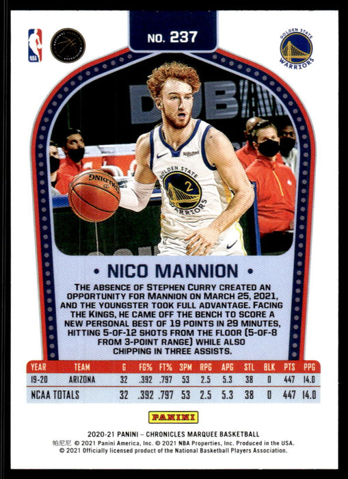 Nico Mannion 2020 Panini Chronicles Basketball Marquee Back of Card