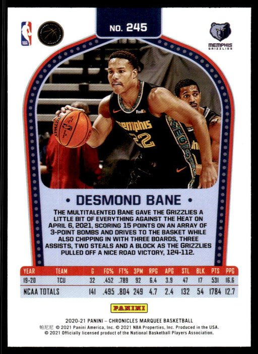 Desmond Bane 2020 Panini Chronicles Basketball Marquee Back of Card