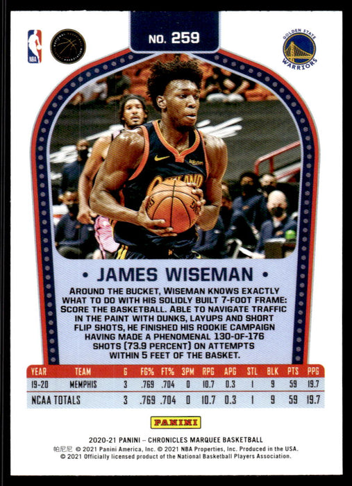 James Wiseman 2020 Panini Chronicles Basketball Marquee Back of Card