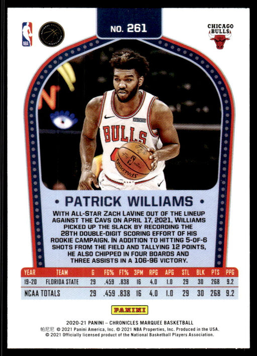 Patrick Williams 2020 Panini Chronicles Basketball Marquee Back of Card