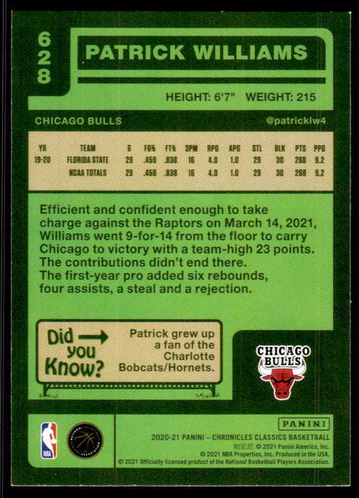 Patrick Williams 2020 Panini Chronicles Basketball Classics Back of Card