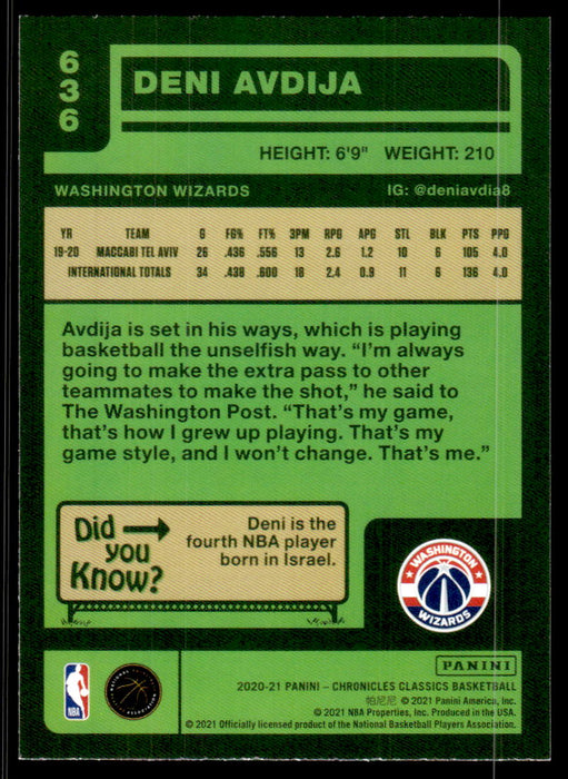 Deni Avdija 2020 Panini Chronicles Basketball Classics Back of Card