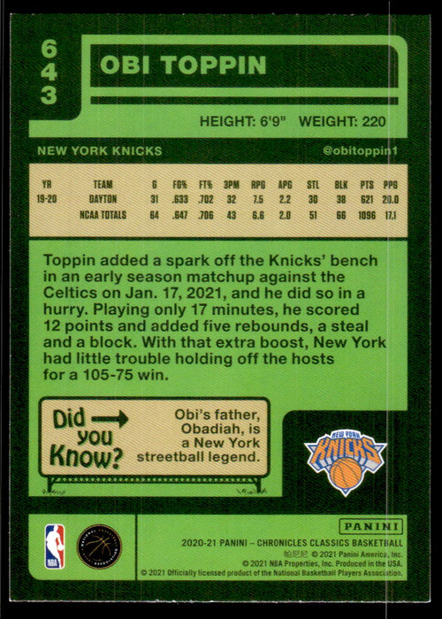 Obi Toppin 2020 Panini Chronicles Basketball Classics Back of Card