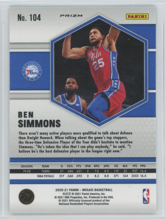 2020 Panini Mosaic # 104 Ben Simmons Reactive Blue Prizm Philadelphia 76ers - Collectible Craze America