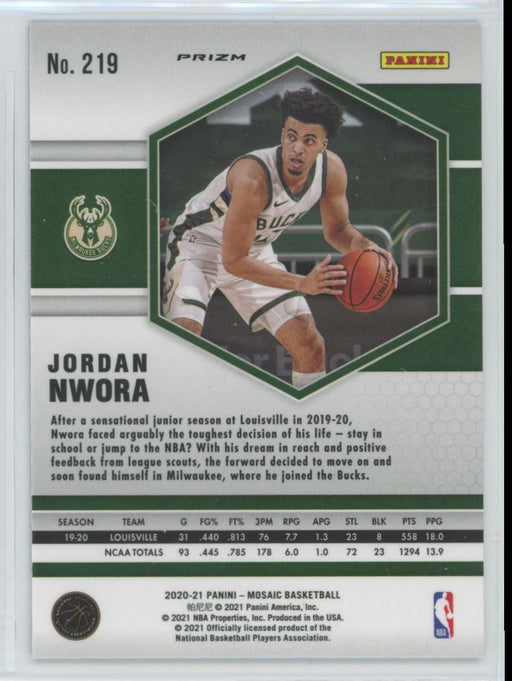 2020 Panini Mosaic # 219 Jordan Nwora RC Reactive Blue Prizm Milwaukee Bucks - Collectible Craze America