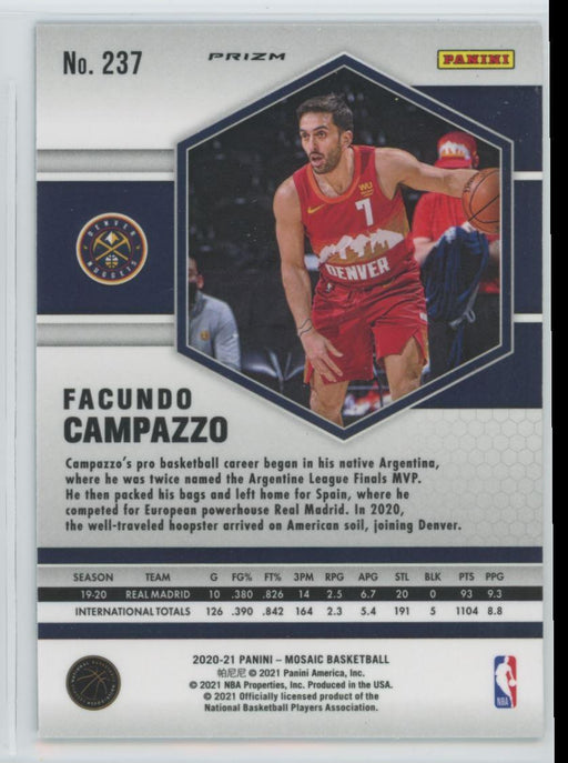 2020 Panini Mosaic # 237 Facundo Campazzo RC Reactive Blue Prizm Denver Nuggets - Collectible Craze America