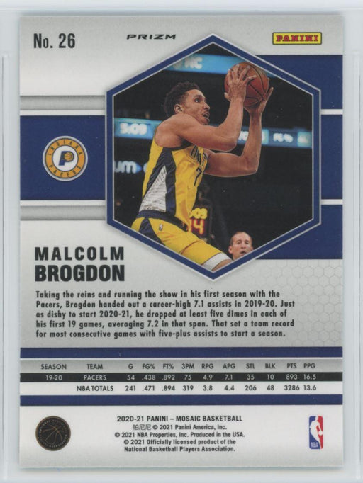 2020 Panini Mosaic # 26 Malcolm Brogdon Reactive Blue Prizm Indiana Pacers - Collectible Craze America