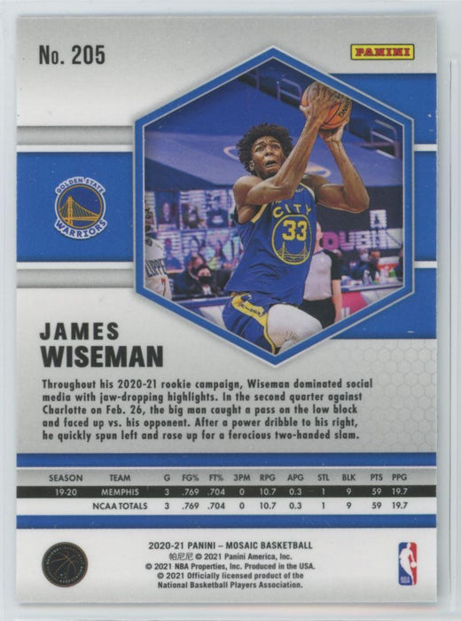 2020 Panini Mosaic Basketball # 205 James Wiseman RC Golden State Warriors - Collectible Craze America