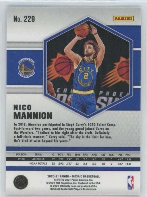 2020 Panini Mosaic Basketball # 229 Nico Mannion RC Golden State Warriors - Collectible Craze America