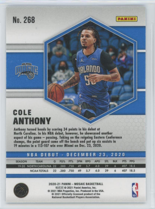 2020 Panini Mosaic Basketball # 268 Cole Anthony RC Orlando Magic - Collectible Craze America