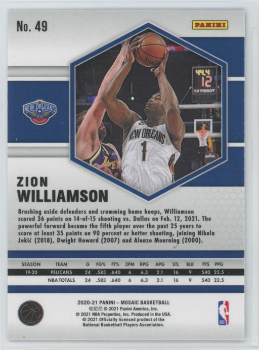 2020 Panini Mosaic Basketball # 49 Zion Williamson New Orleans Pelicans - Collectible Craze America