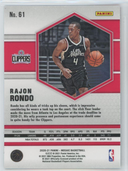 2020 Panini Mosaic Basketball # 61 Rajon Rondo Los Angeles Clippers - Collectible Craze America