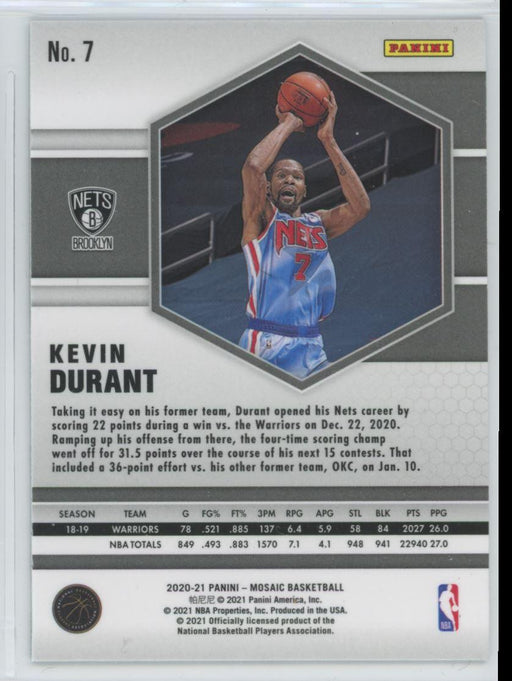 2020 Panini Mosaic Basketball # 7 Kevin Durant Brooklyn Nets - Collectible Craze America