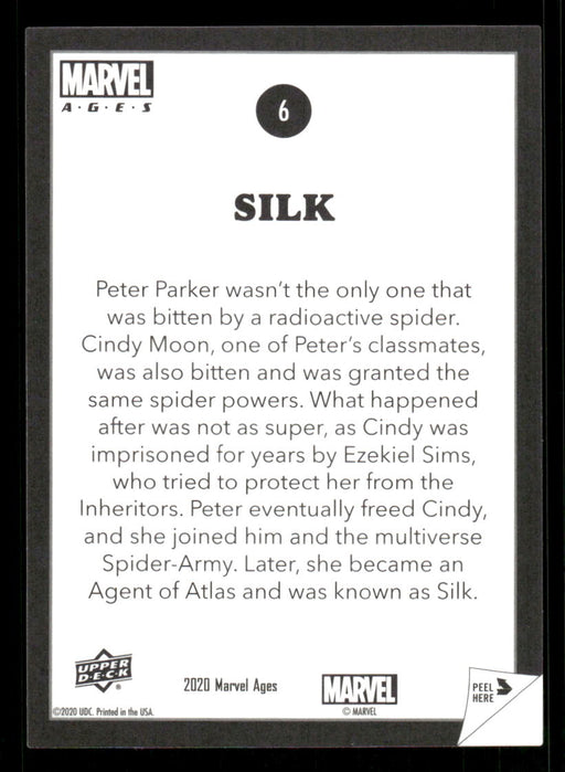 Silk 2020 Upper Deck Marvel Ages Premium Stickers Back of Card