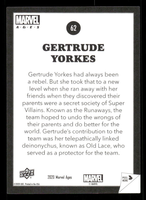 Gertrude Yorkes 2020 Upper Deck Marvel Ages Premium Stickers Back of Card