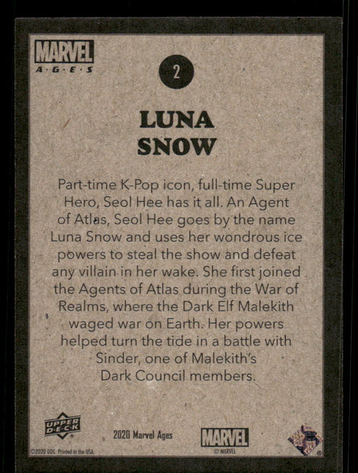 Luna Snow 2020 Upper Deck Marvel Ages Base Back of Card