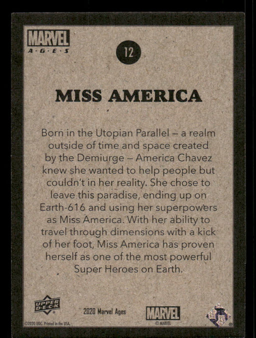 Miss America 2020 Upper Deck Marvel Ages Base Back of Card