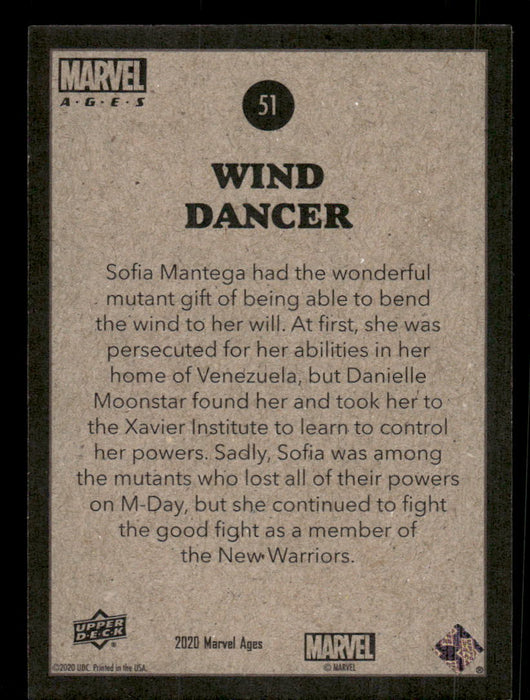 Wind Dancer 2020 Upper Deck Marvel Ages Base Back of Card