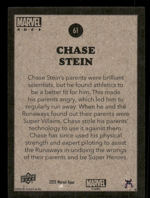 Chase Stein 2020 Upper Deck Marvel Ages Base Back of Card