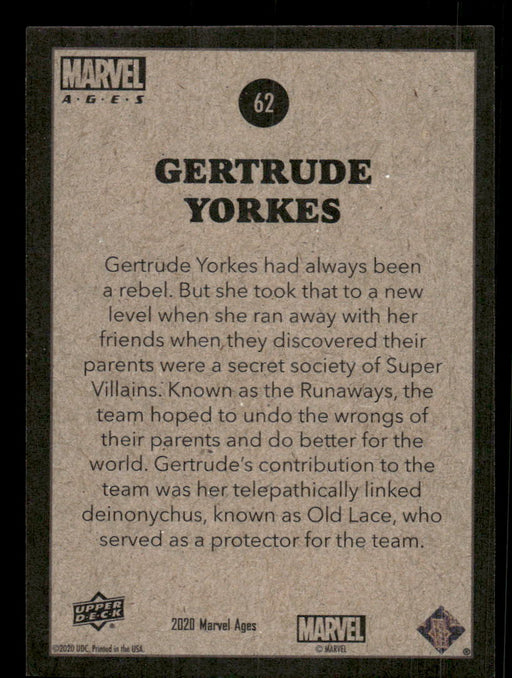 Gertrude Yorkes 2020 Upper Deck Marvel Ages Base Back of Card