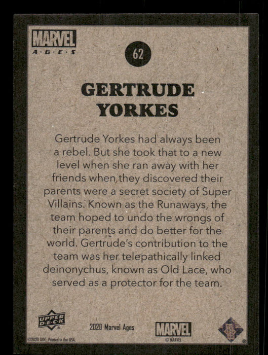 Gertrude Yorkes 2020 Upper Deck Marvel Ages Base Back of Card