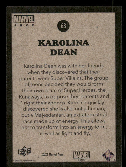 Karolina Dean 2020 Upper Deck Marvel Ages Base Back of Card