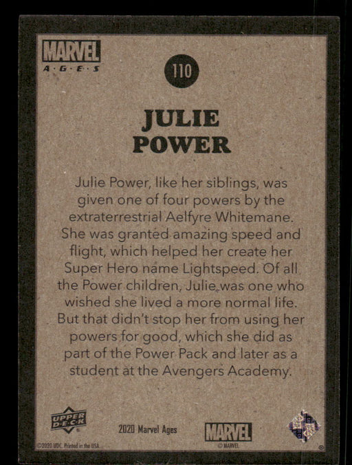 Julie Power 2020 Upper Deck Marvel Ages Base Back of Card