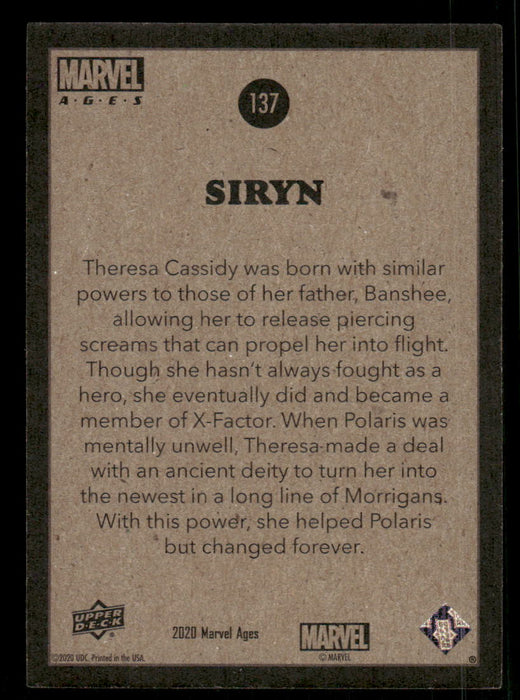 Siryn 2020 Upper Deck Marvel Ages Base Back of Card