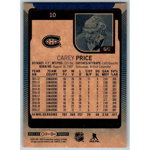 2021-22 O-Pee-Chee Blue Border (UD OPC) Carey Price Montreal Canadiens #10 - Collectible Craze America