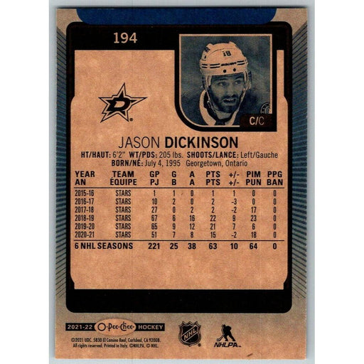 2021-22 O-Pee-Chee Blue Border (UD OPC) Jason Dickinson Dallas Stars #194 - Collectible Craze America