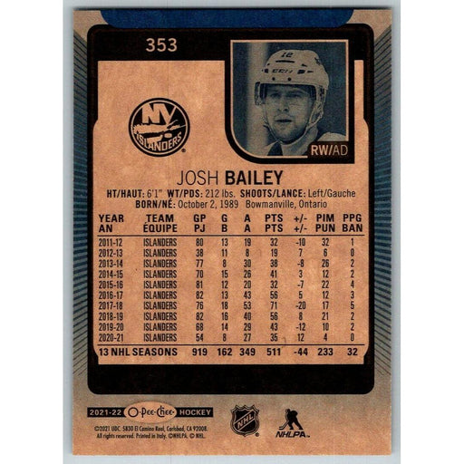 2021-22 O-Pee-Chee Blue Border (UD OPC) Josh Bailey New York Islanders #353 - Collectible Craze America