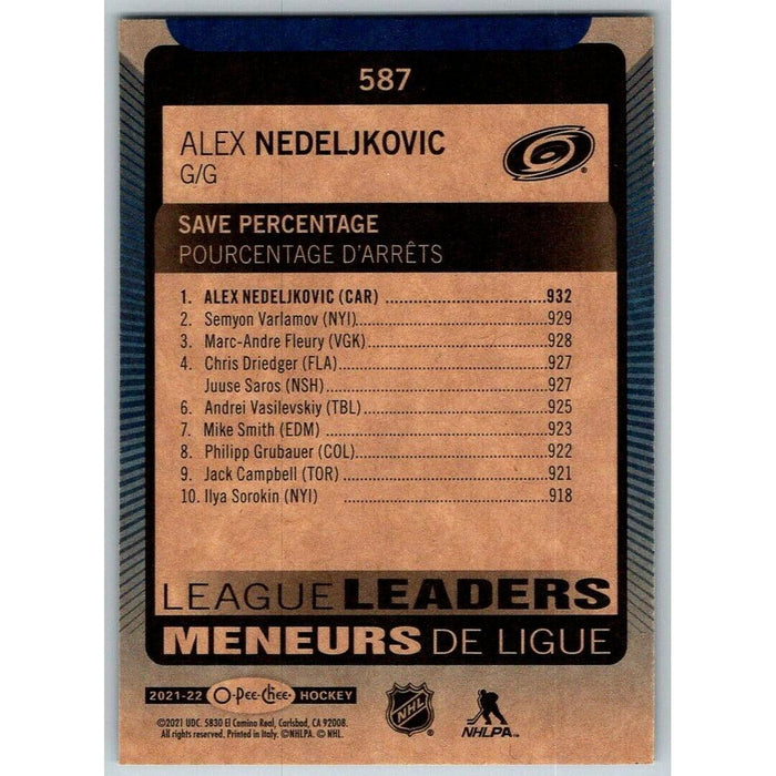 2021-22 O-Pee-Chee Blue Border (UD OPC) League Leaders Alex Nedeljkovic Carolina - Collectible Craze America